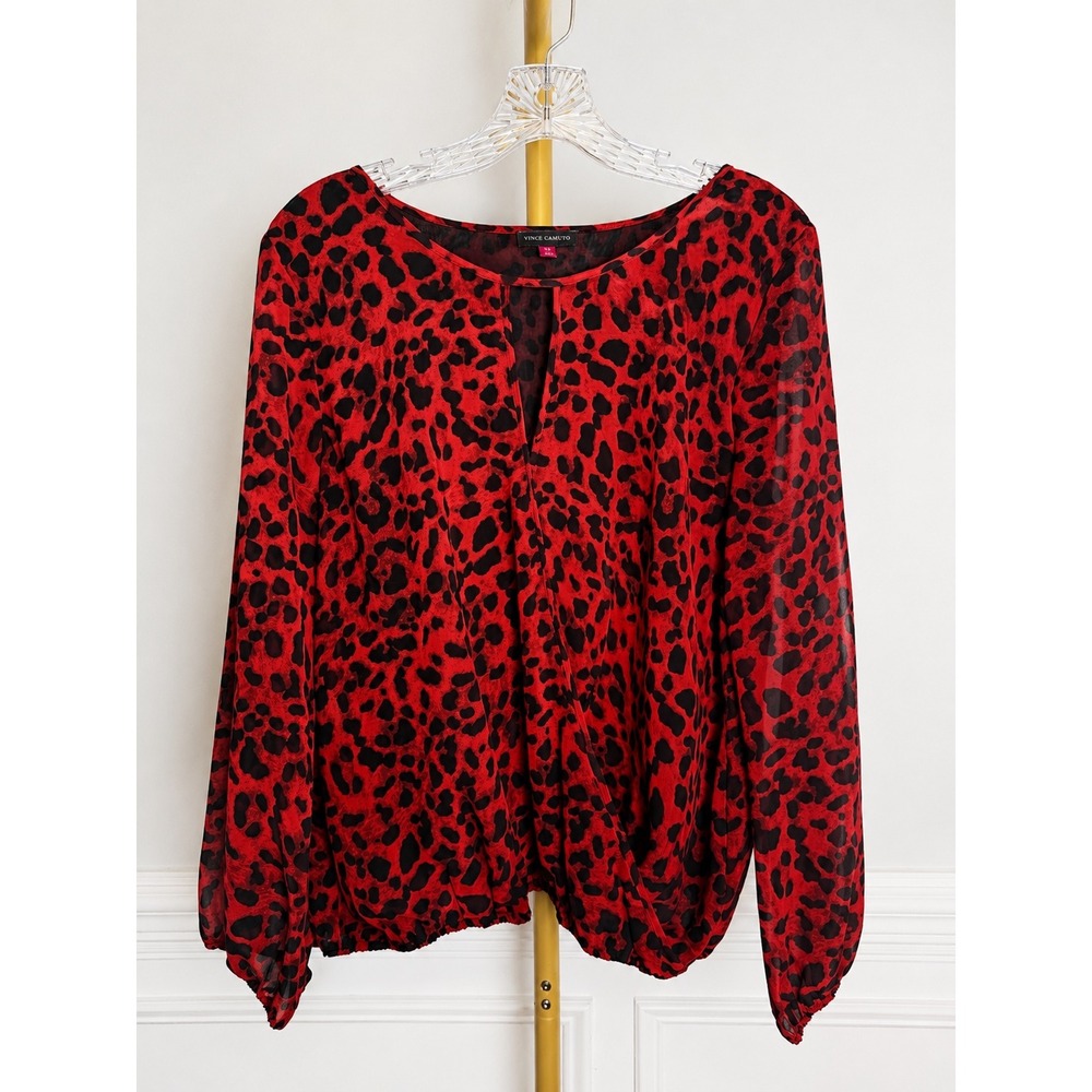 Vince Camuto Petite Large PL Red‎ Black Leopard Print Sheer Long Sleeve Blouse